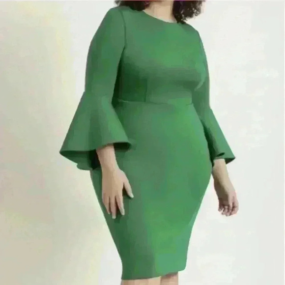 Eloquii Green Scuba Bell Sleeve Dress. - Picture 1 of 9